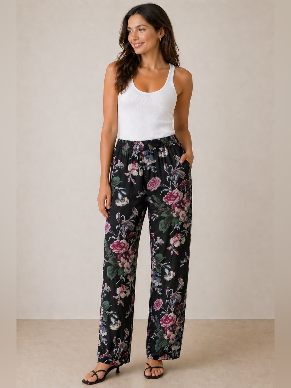 Ganni Black Floral Pants Size Small Sheer High Rise Tapered Trouser